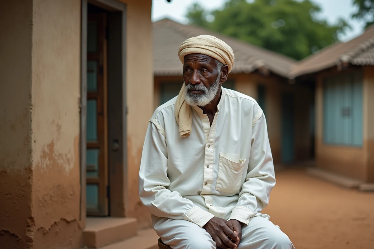 Homme malgache âgé devant une mosquée dans un village paisible