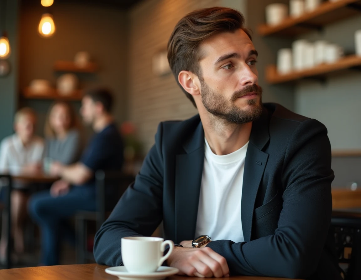 Homme pensif attablé dans un café chaleureux, reflétant l'intimité et la vie privée d'une personnalité publique comme Ed Helms