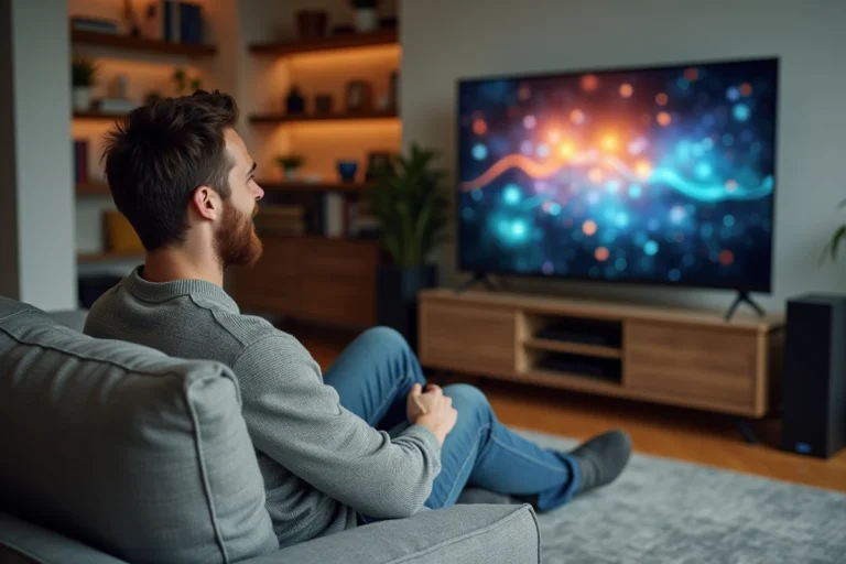 Homme détendu regardant la télévision dans un salon moderne