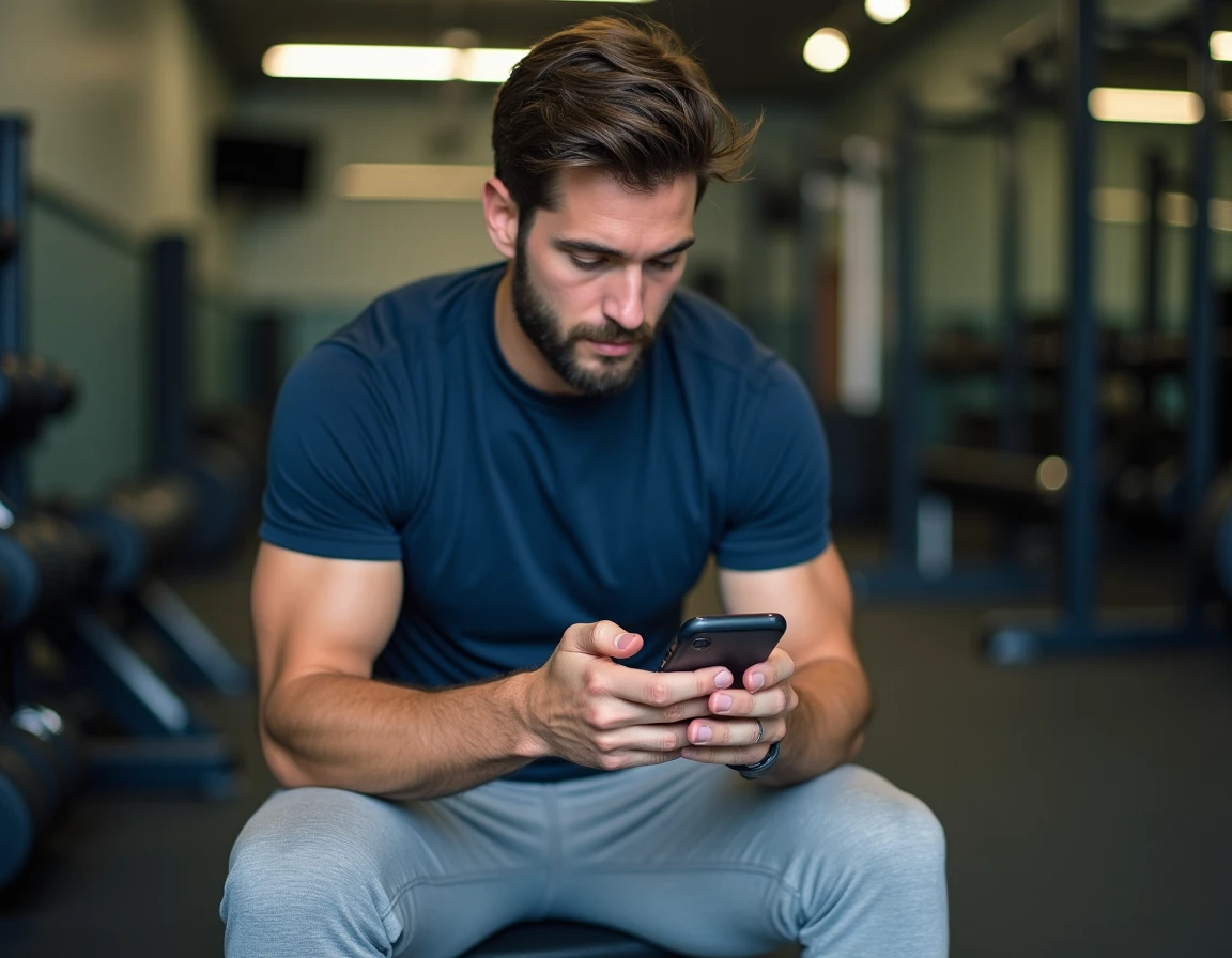 Homme consultant son smartphone sur un banc de musculation pour souscrire à un abonnement Basic-Fit mensuel sans engagement dans une salle de sport équipée