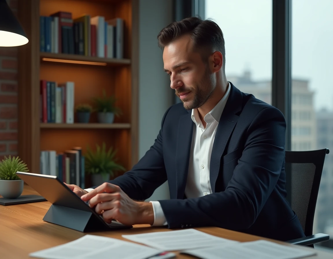 Homme d'affaires analysant un smartphone pliable dernière génération dans un bureau à domicile, représentant les nouvelles technologies mobiles