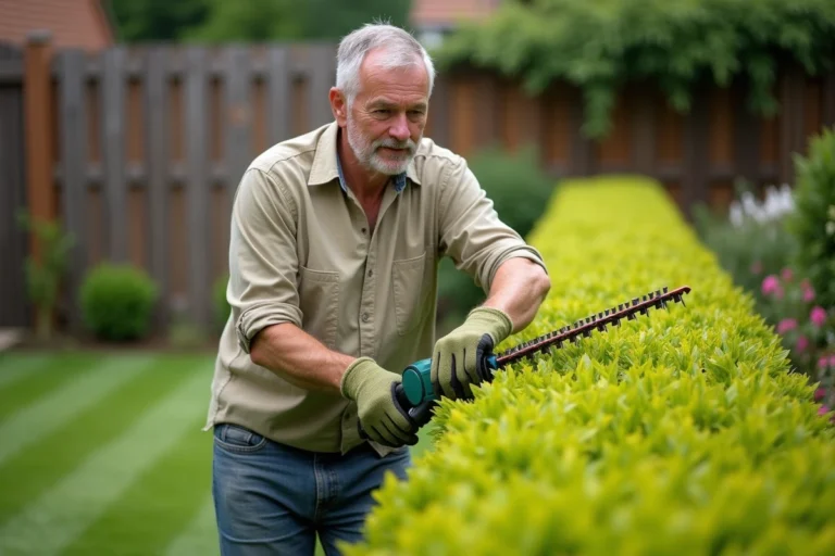 Homme utilisant un taille-haie électrique filaire pour tailler une haie de buis dans un jardin soigné