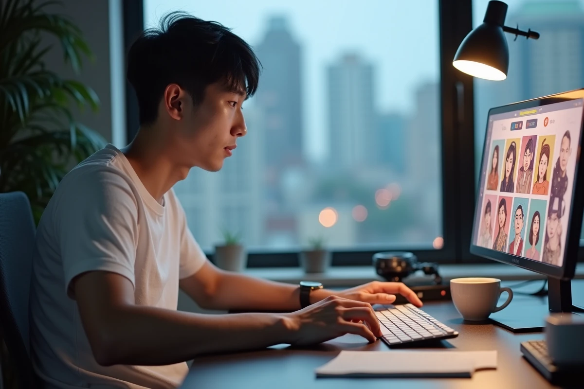 Homme consultant la plateforme de webtoons Manytoon sur une tablette dans un bureau moderne