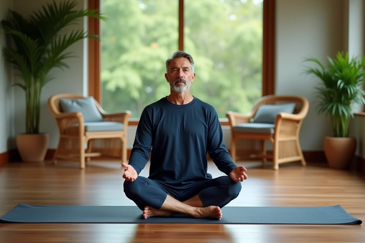 Homme méditant en tenue de yoga dans un salon zen