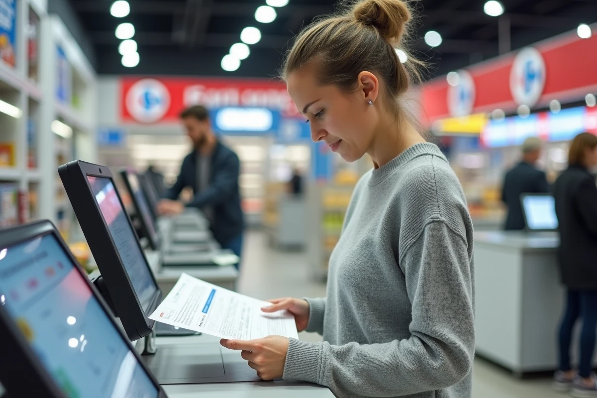 Femme utilisant une borne d'impression de documents en libre-service chez Carrefour