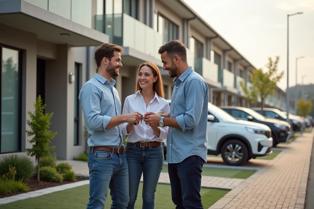 Jeune couple souriant avec agent immobilier devant une maison neuve