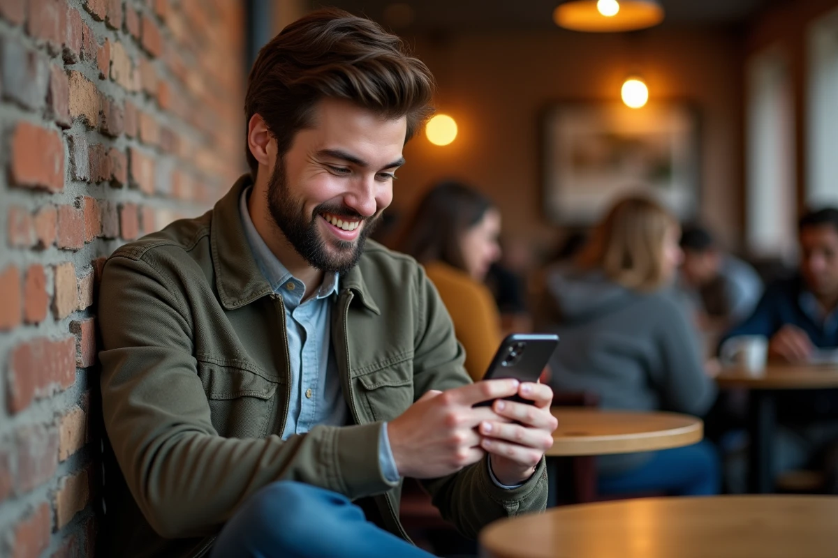 Jeune homme lisant sur son smartphone dans un cafe