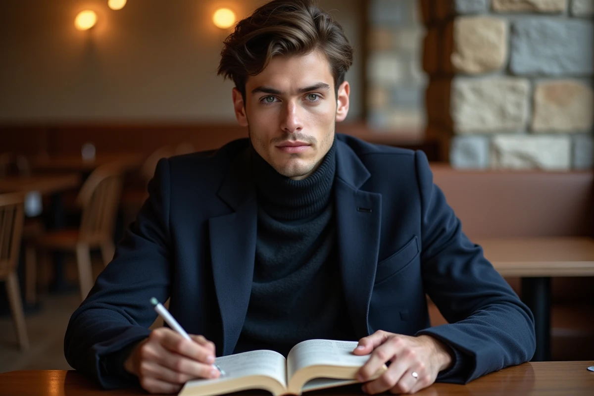 Jeune homme lisant dans un café chaleureux