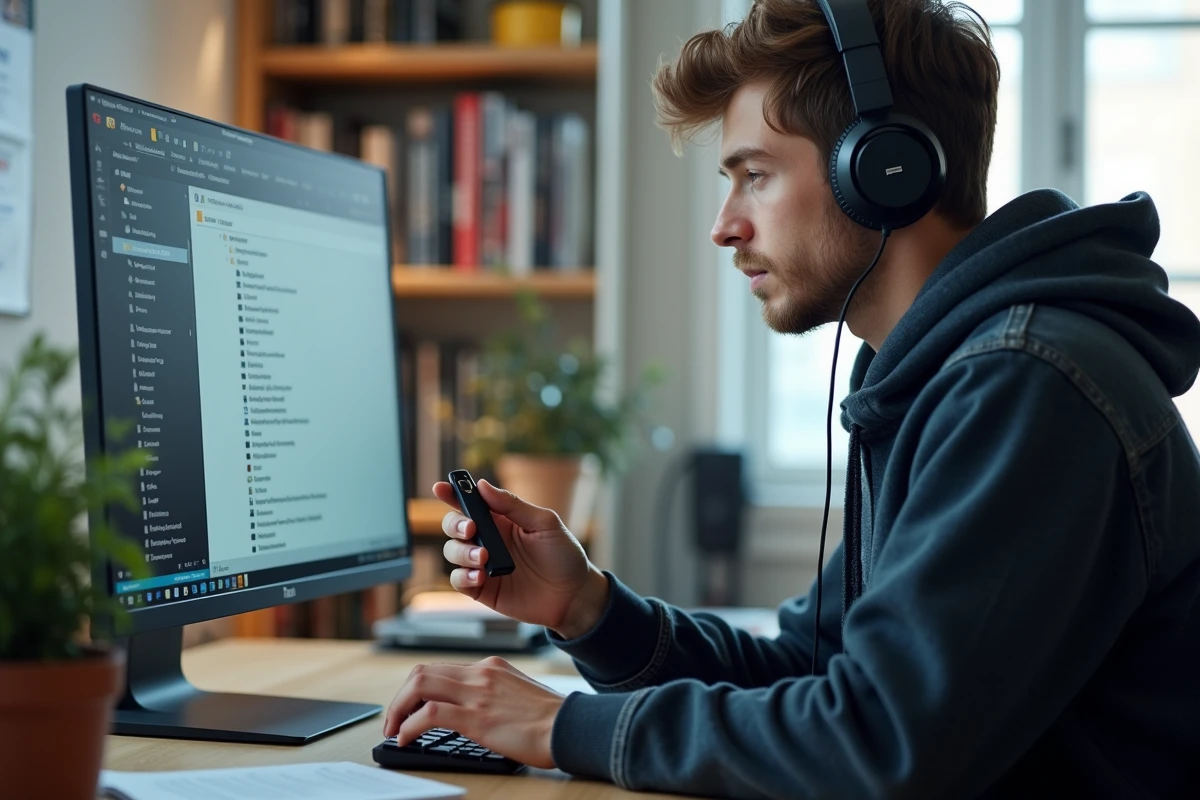 Jeune homme organisant des fichiers sur un écran d
