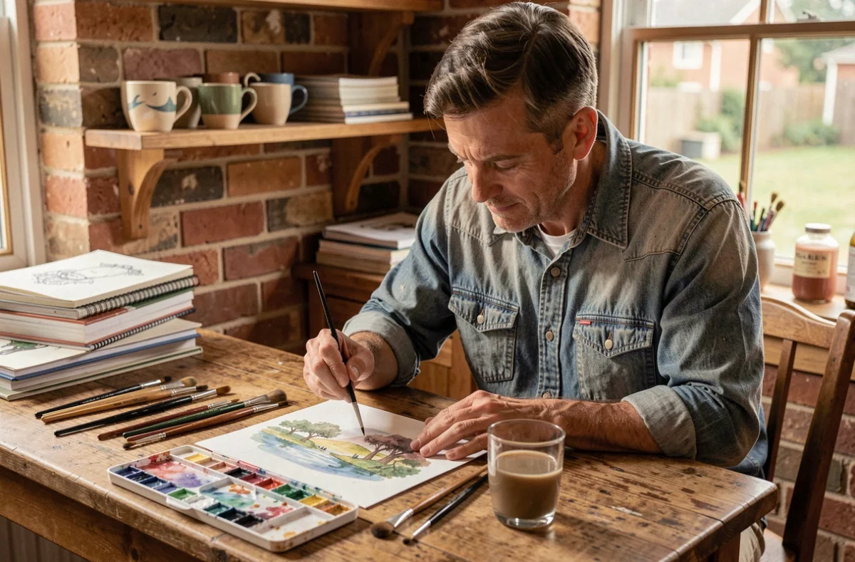 Homme pratiquant la peinture aquarelle chez lui comme loisir créatif abordable