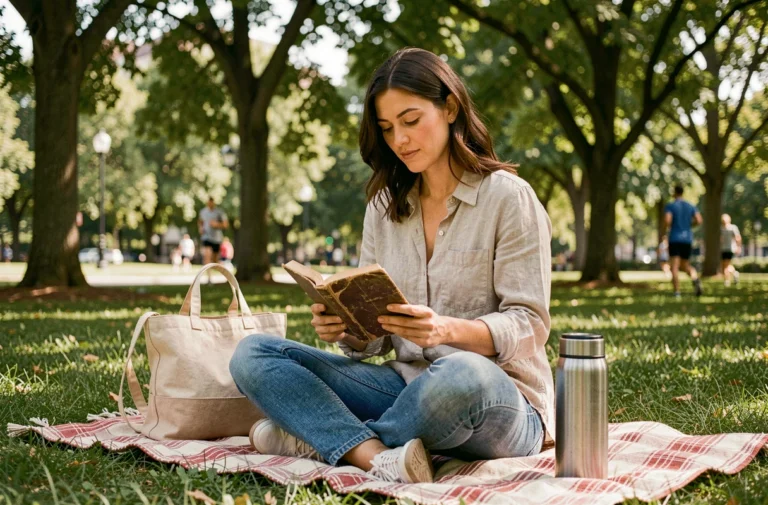 Femme lisant un livre dans un parc lors d'un pique-nique économique et relaxant