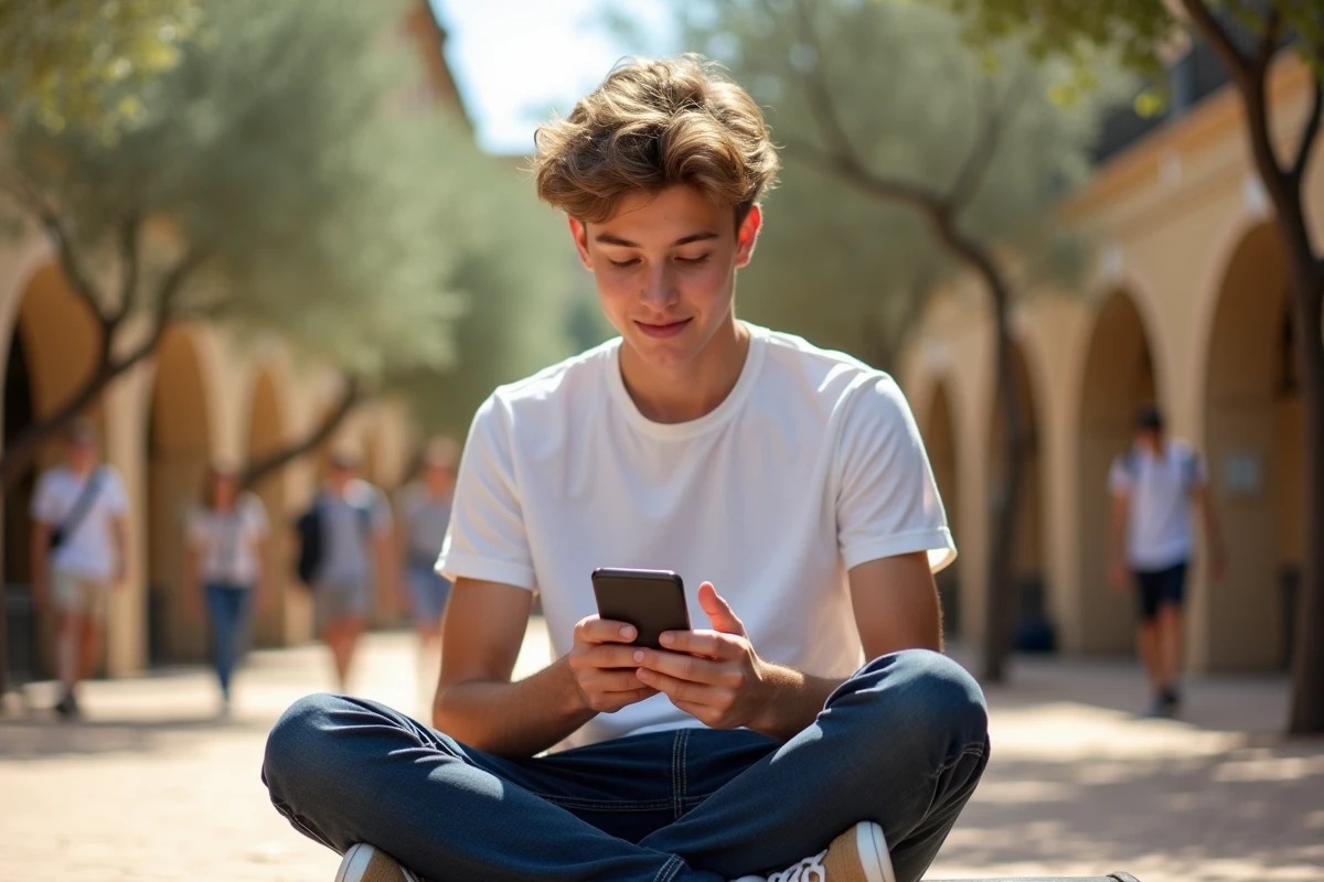 Lycéen consultant sa messagerie académique Aix-Marseille sur smartphone dans la cour d'un établissement scolaire