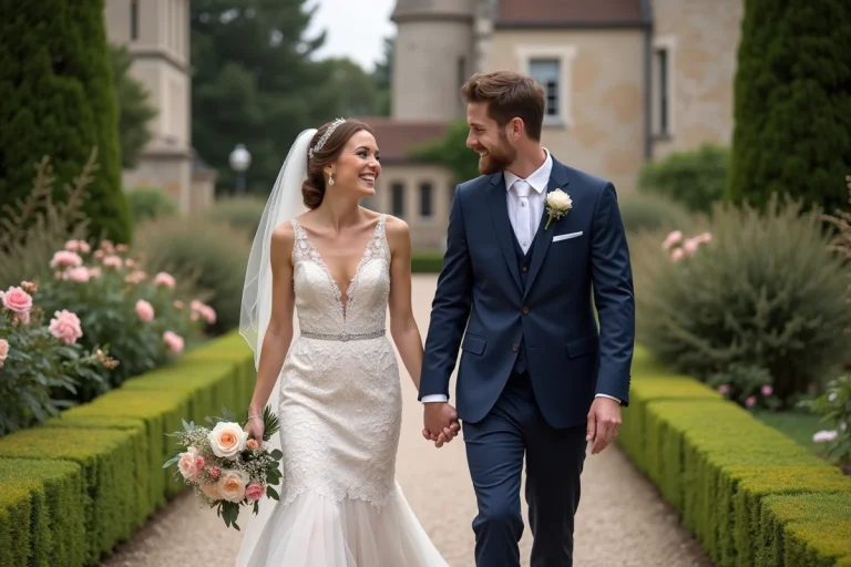 Mariage romantique dans un jardin de chateau français