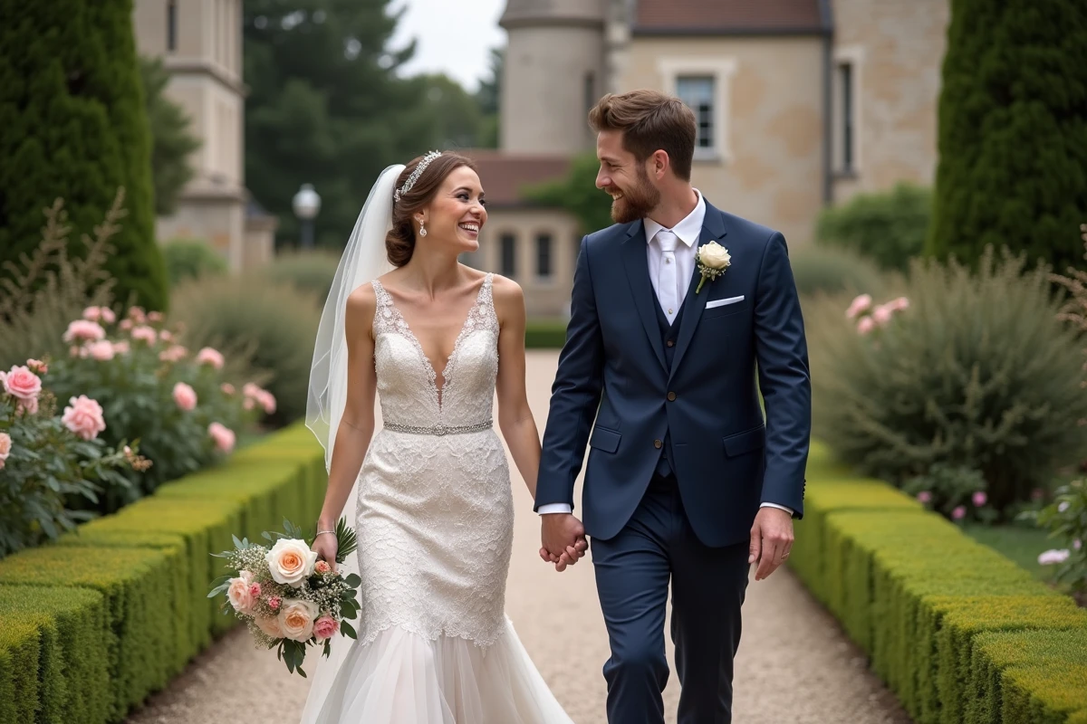 Mariage romantique dans un jardin de chateau français