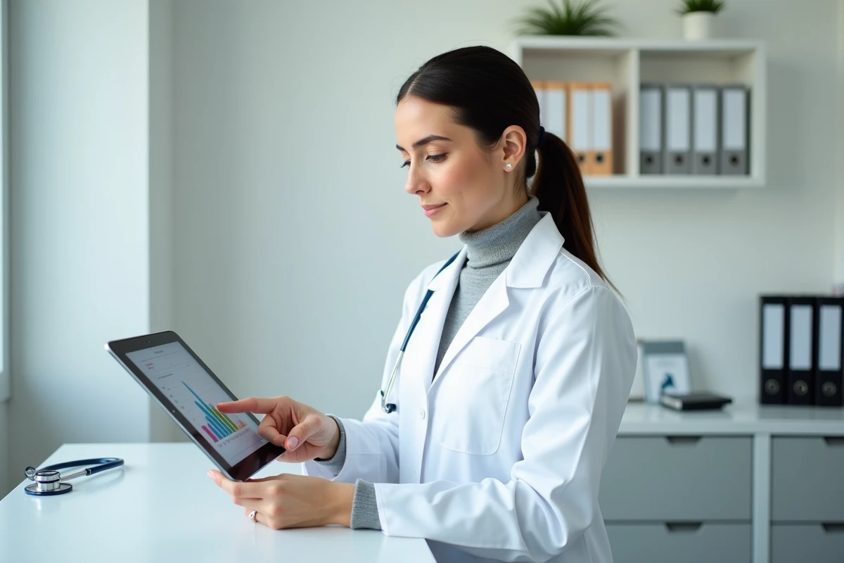 Médecin femme expliquant les niveaux de cholestérol sur une tablette numérique dans un cabinet médical