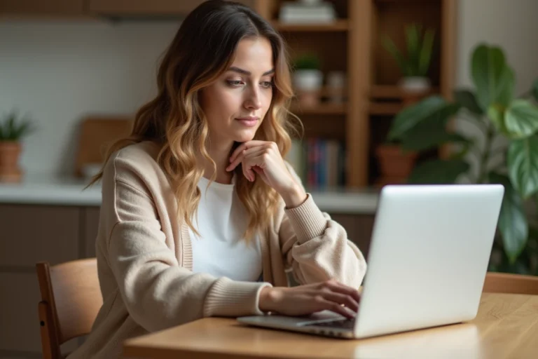 Mère cherchant une nounou sur internet depuis son domicile avec un ordinateur portable ouvert sur une plateforme de garde d'enfants