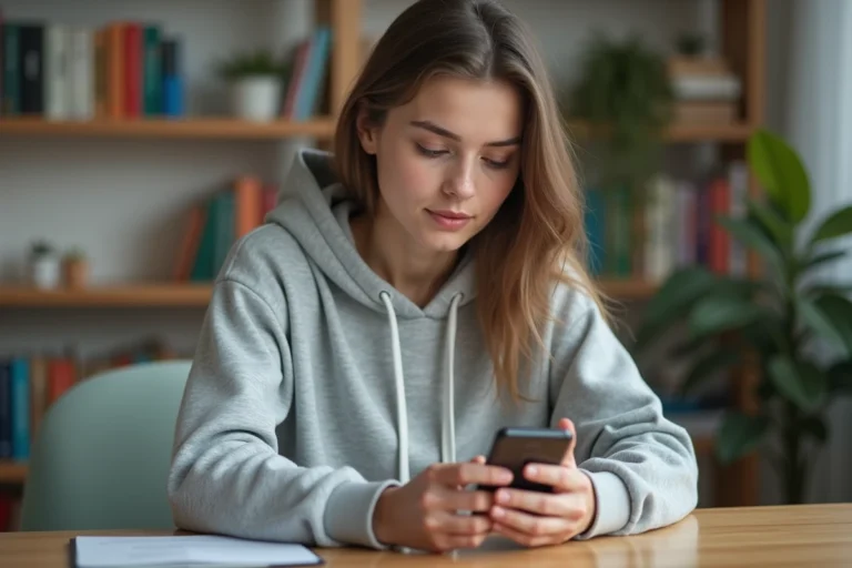 Jeune femme consultant la messagerie académique de Créteil sur son smartphone Android dans une chambre d'étudiant