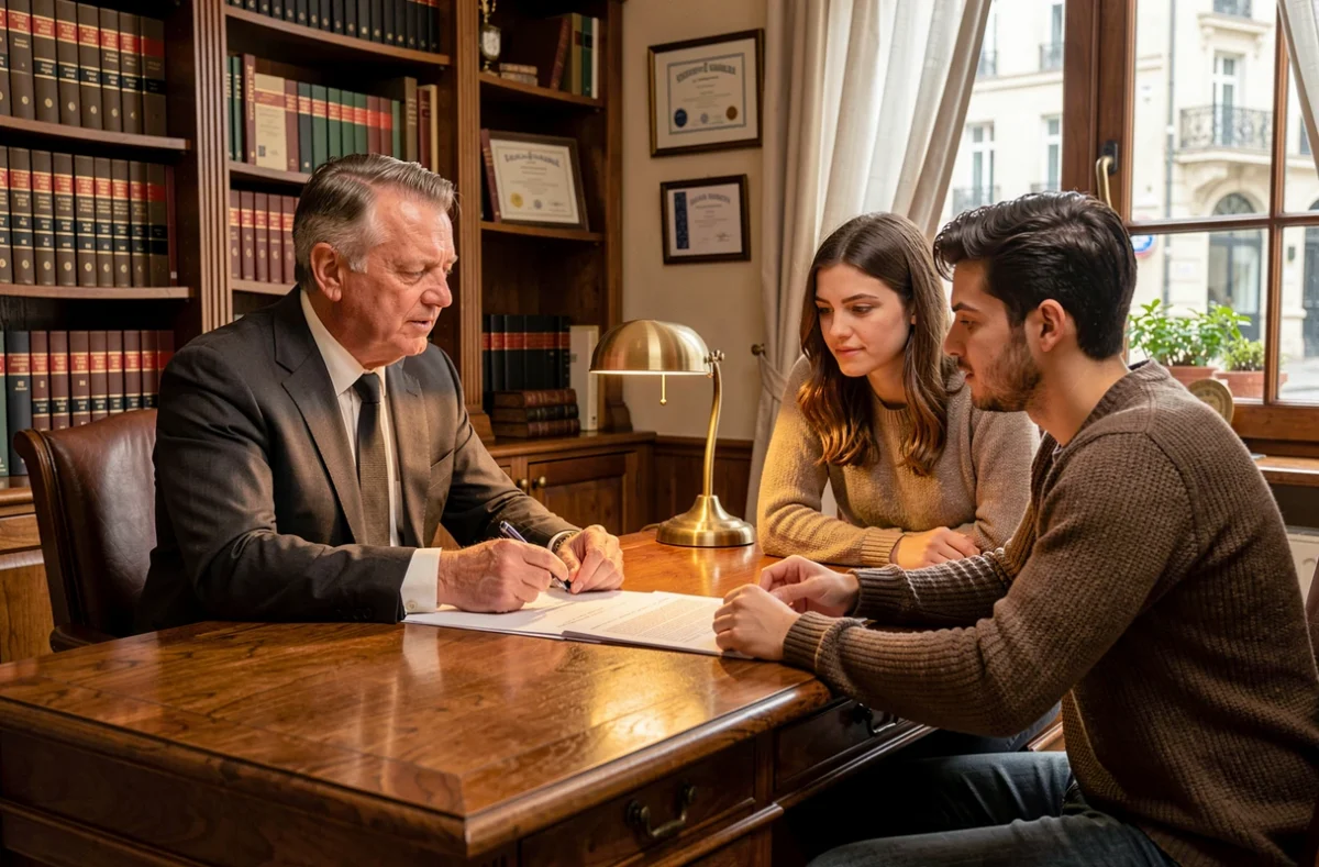 Notaire expliquant un contrat immobilier à un jeune couple lors d'une signature d'achat de bien