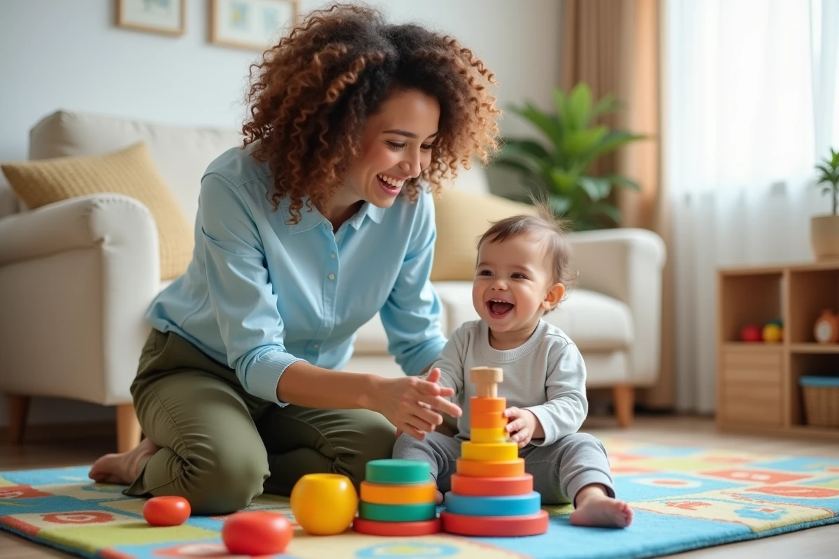 Nounou souriante jouant avec un enfant en bas âge sur un tapis coloré dans un salon familial
