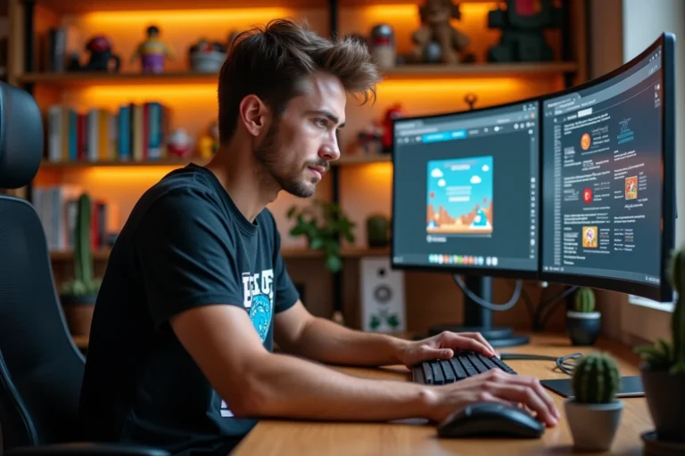 Jeune homme passionné de culture geek consultant un blog tech depuis son bureau gaming entouré de figurines et de jeux vidéo rétro