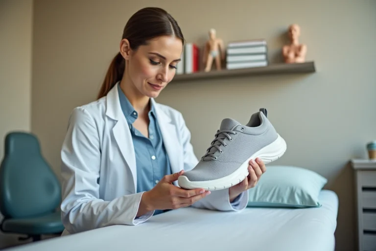 Podologue examinant une chaussure Skechers en cabinet médical pour évaluer le soutien plantaire et la qualité orthopédique
