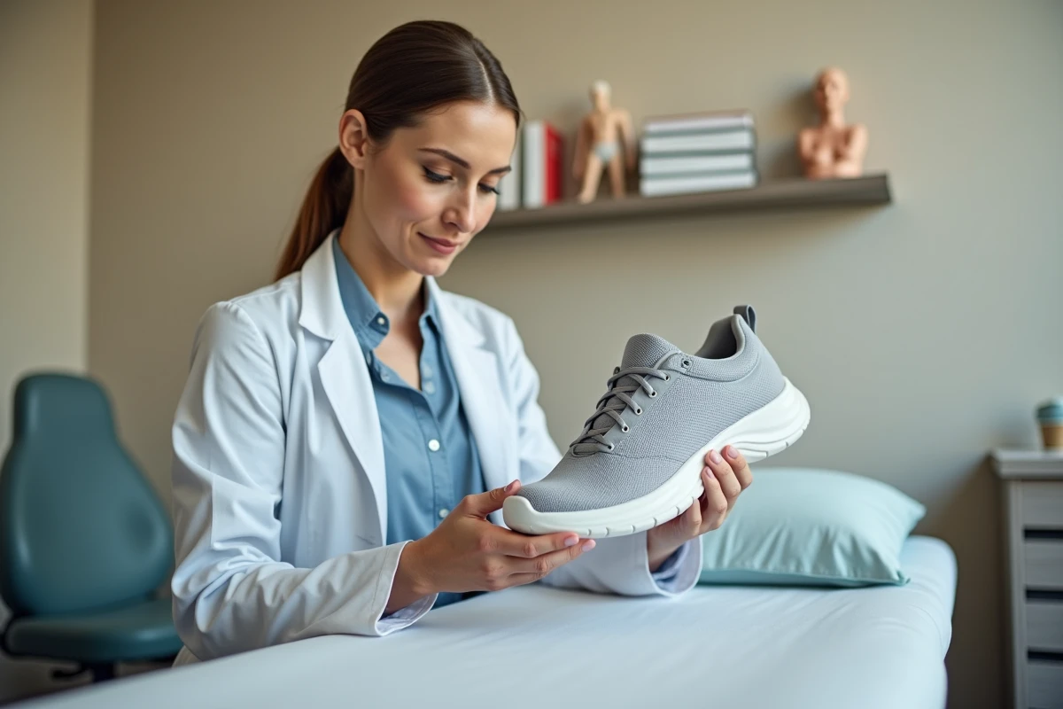Podologue examinant une chaussure Skechers en cabinet médical pour évaluer le soutien plantaire et la qualité orthopédique
