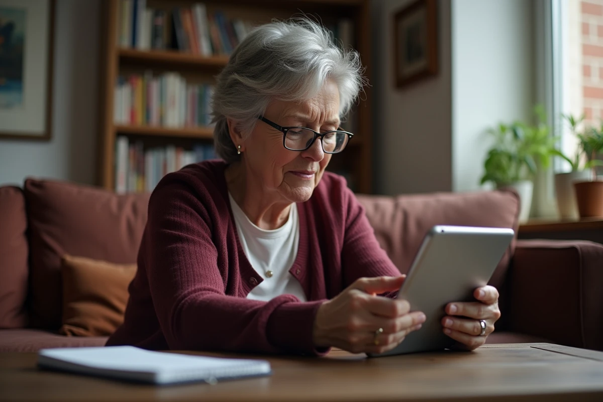 Femme senior consultant le portail Arena Amiens sur tablette dans son salon