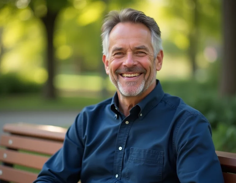Portrait décontracté d'un homme souriant dans un parc urbain, illustrant la vie privée et la personnalité d'Ed Helms