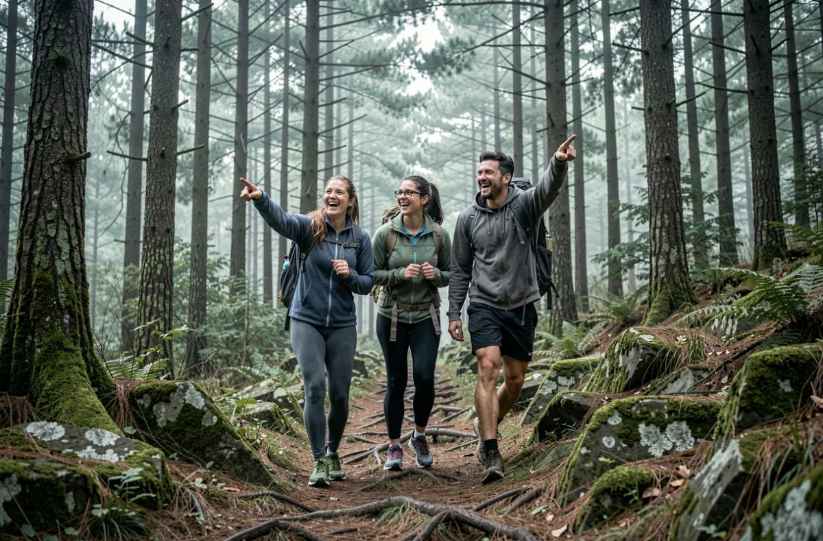Groupe d'amis en randonnée en forêt pour profiter de loisirs gratuits en plein air