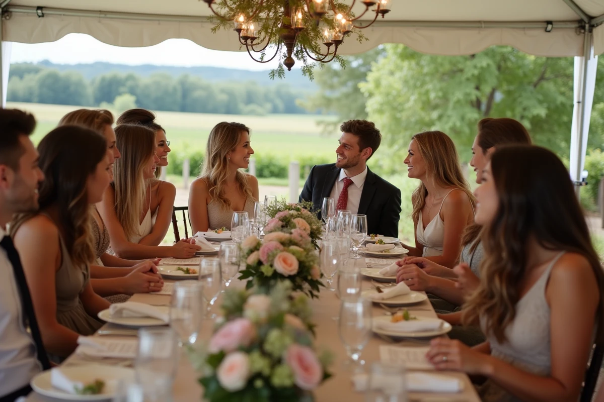 Groupe d invités lors d une reception en plein air