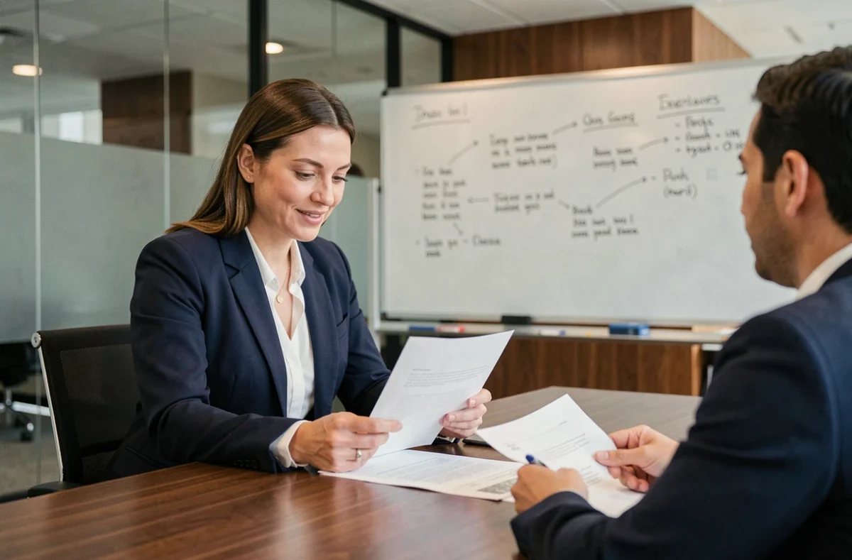 Professionnelle en réunion d'entreprise consultant des documents de bonnes pratiques avec des collègues autour d'une table de conférence moderne