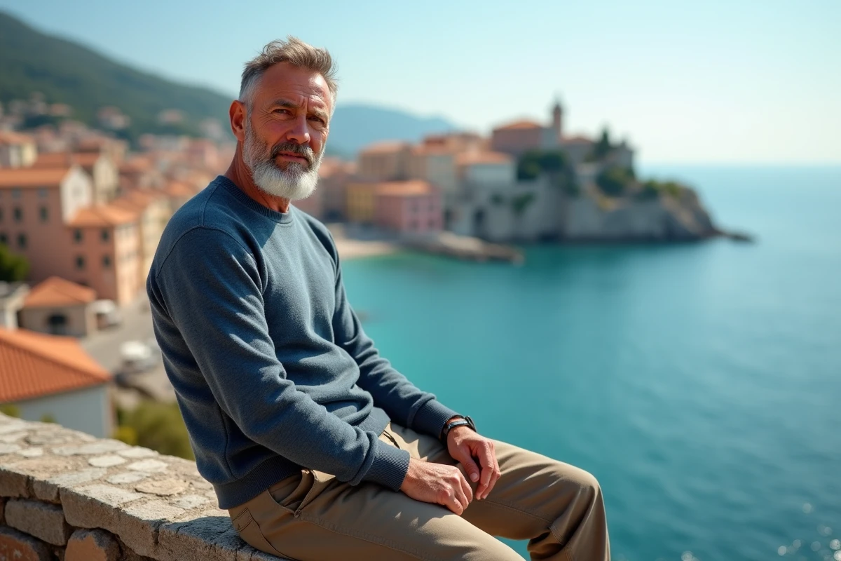 Homme en pull bleu ardoise contemplant une ville côtière méditerranéenne, symbolisant la profondeur du voyage