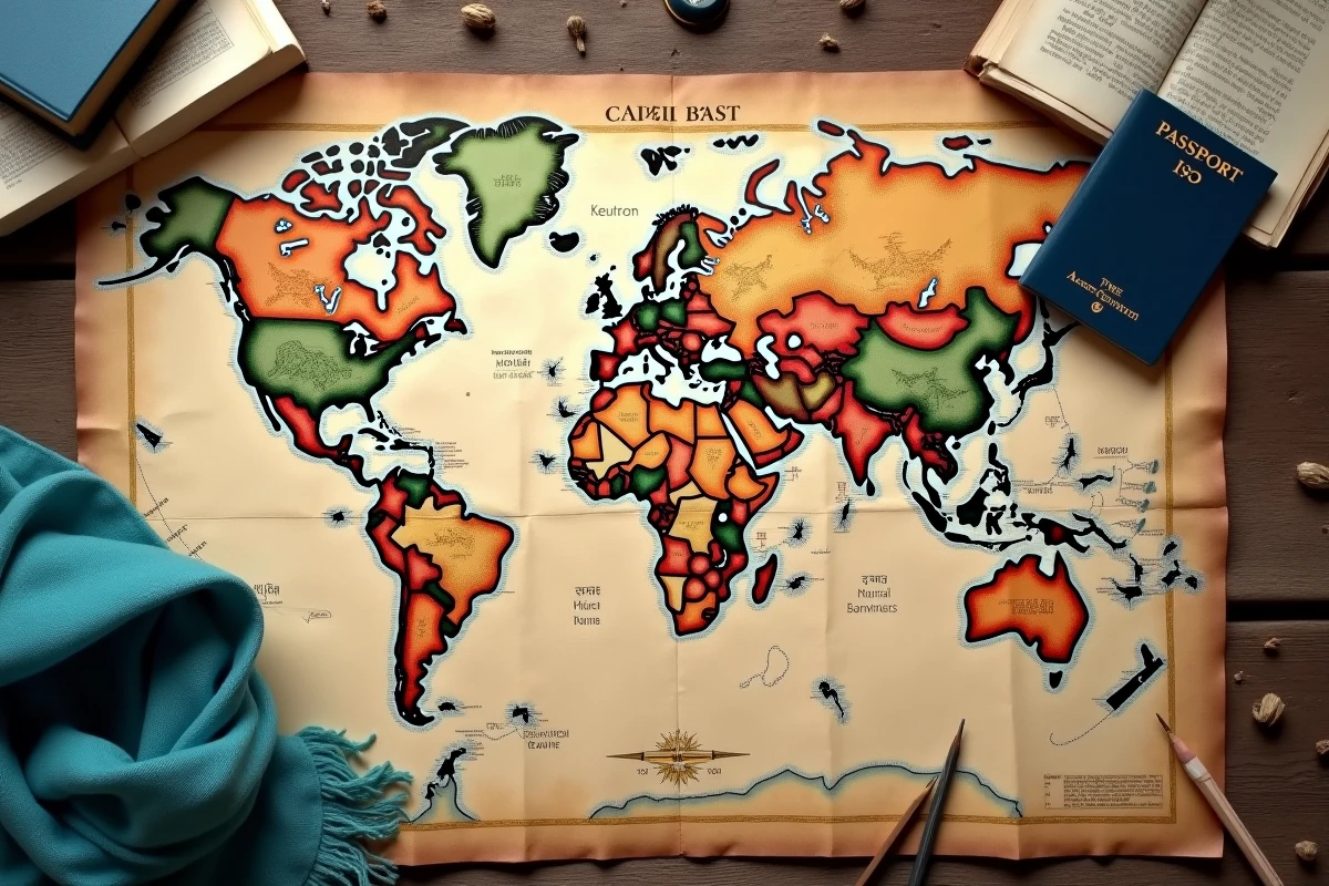 Carte du monde vintage avec boussole bleue et objets de voyage sur un bureau en bois, évoquant la signification du voyage