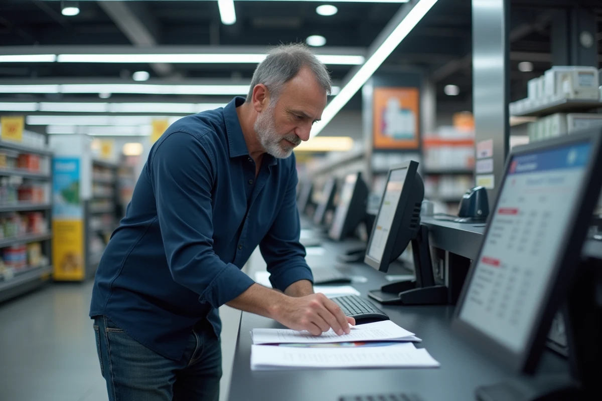 Homme consultant les tarifs d'impression de documents au service Carrefour