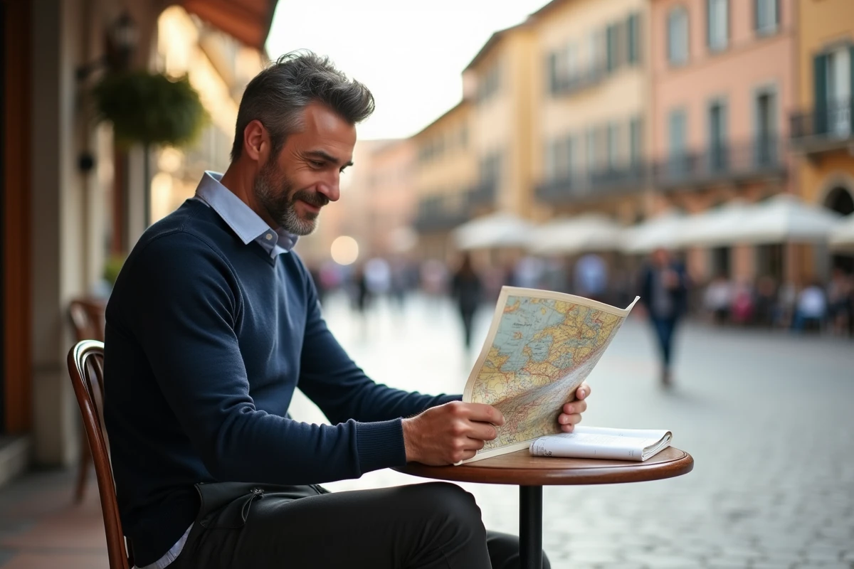 Homme consultant une carte papier en terrasse de café sur une place historique européenne