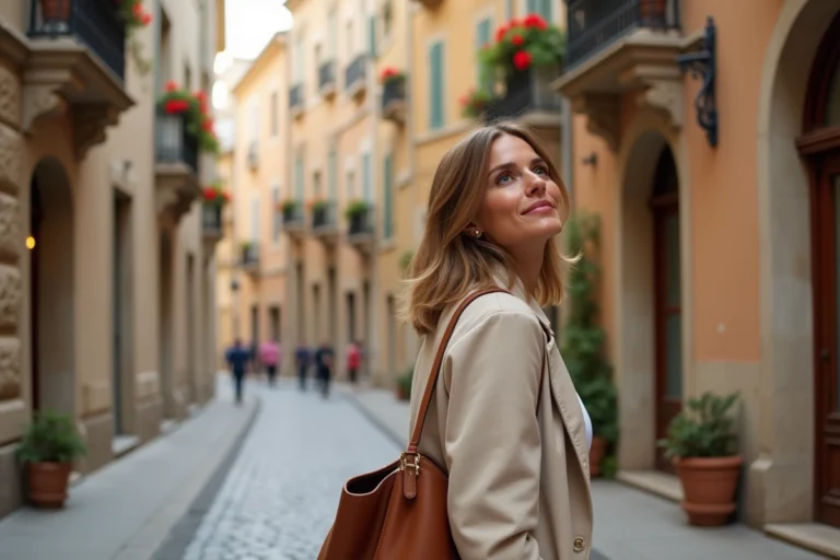 Femme voyageuse explorant une rue pavée d'une ville européenne historique avec architecture en pierre