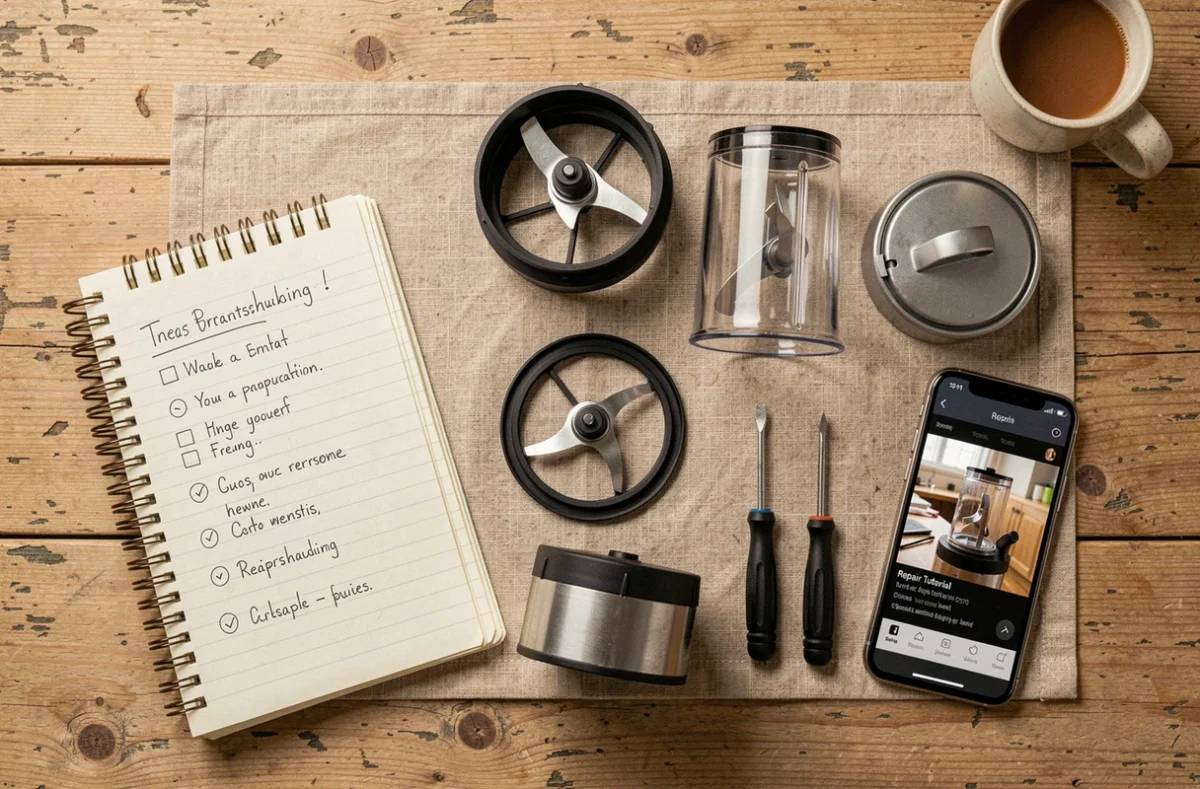 Vue du dessus des pièces démontées d'un blender en panne disposées sur une table en bois avec une liste de dépannage